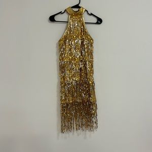 Women’s size medium dance costume dress gold sequin fringe